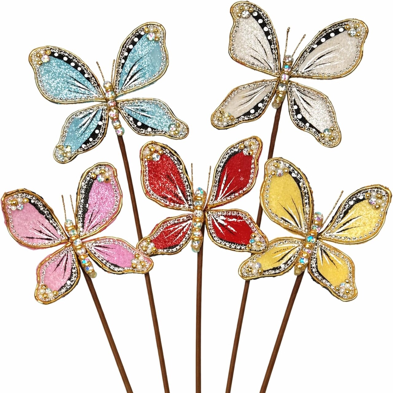 Jeweled Butterfly Floral Picks - Spring Easter Wedding Decor, Set of 5 - Final sale / Non-returnable and Non-refundable